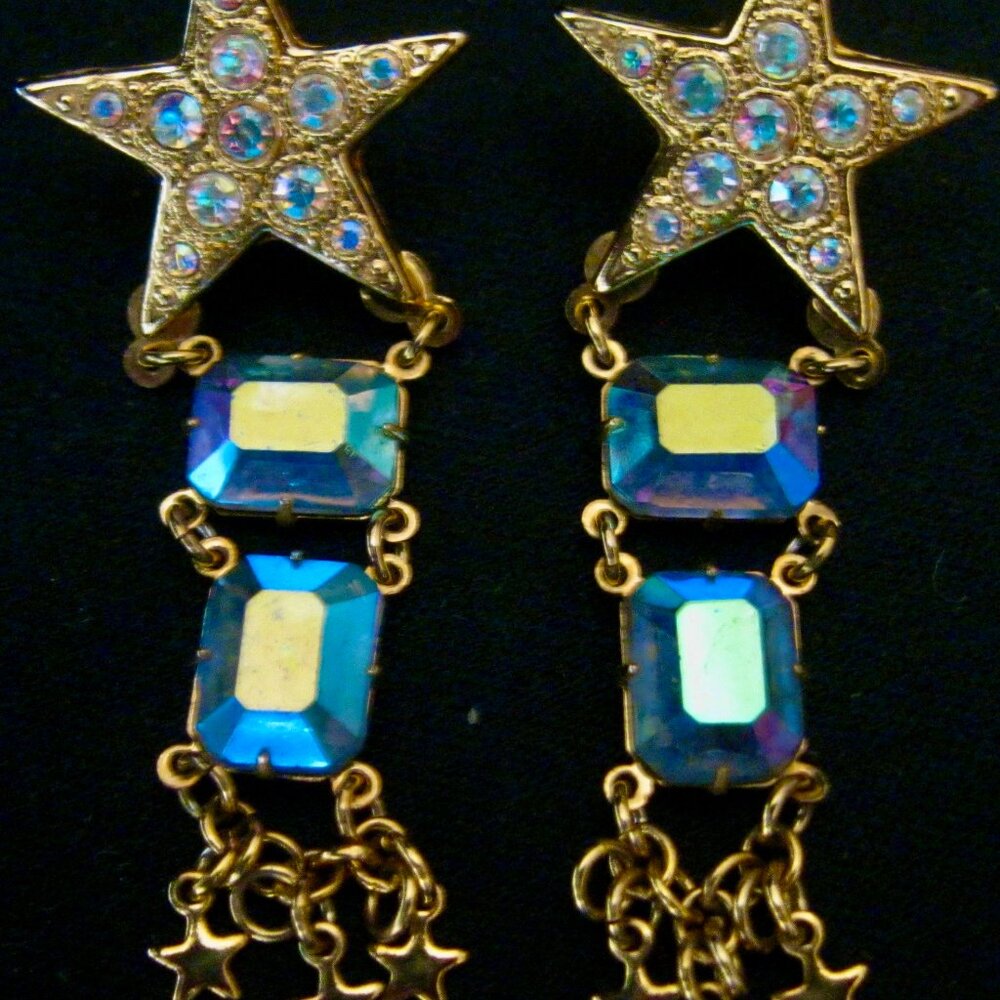 "KIRKS FOLLY VINTAGE STARS AND IRIDESCENT BLUE RHINESTONES PIERCED EARRINGS"